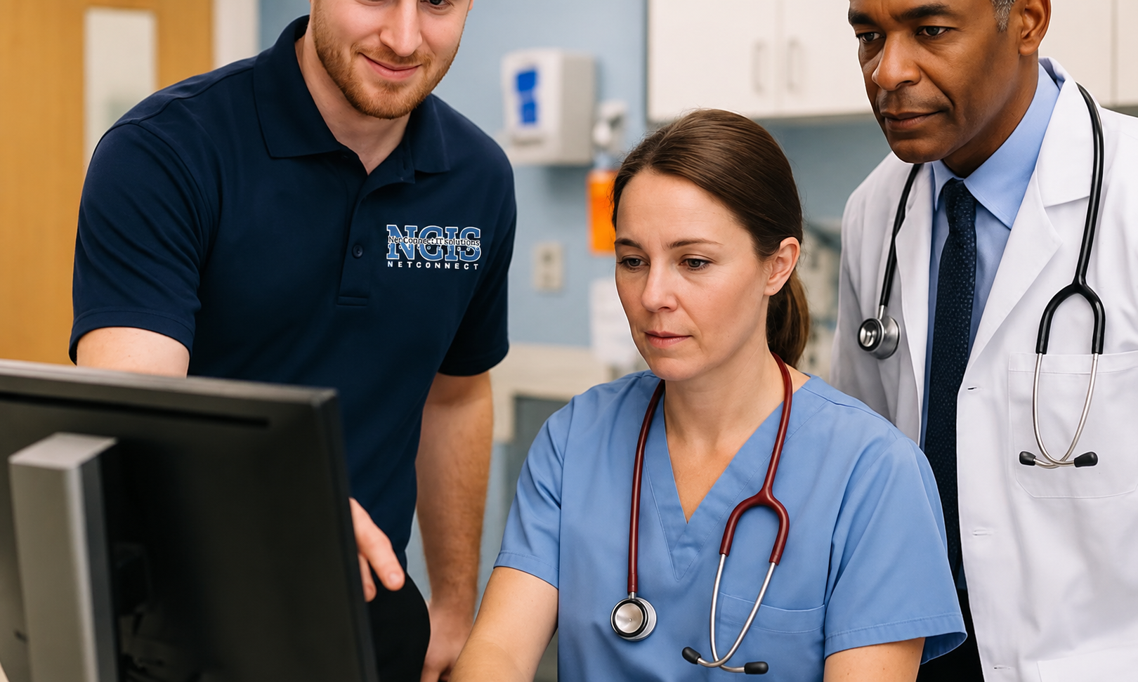 Healthcare professionals working with clinic technology